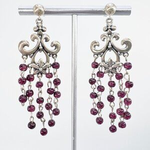 VTG Solid Sterling Silver Garnet Chandelier Dangle Earrings Size 2.5" Length